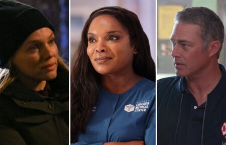 Tracy Spiridakos as Hailey Upton on 'Chicago P.D.,' Marlyne Barrett as Maggie Lockwood on 'Chicago Med,' and Taylor Kinney as Kelly Severide on 'Chicago Fire'