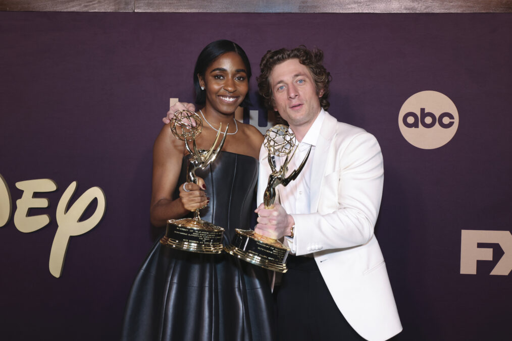 Ayo Edebiri and Jeremy Allen White at The Walt Disney Company's Emmy Awards Party held at Otium on January 15, 2024 in Los Angeles, California.