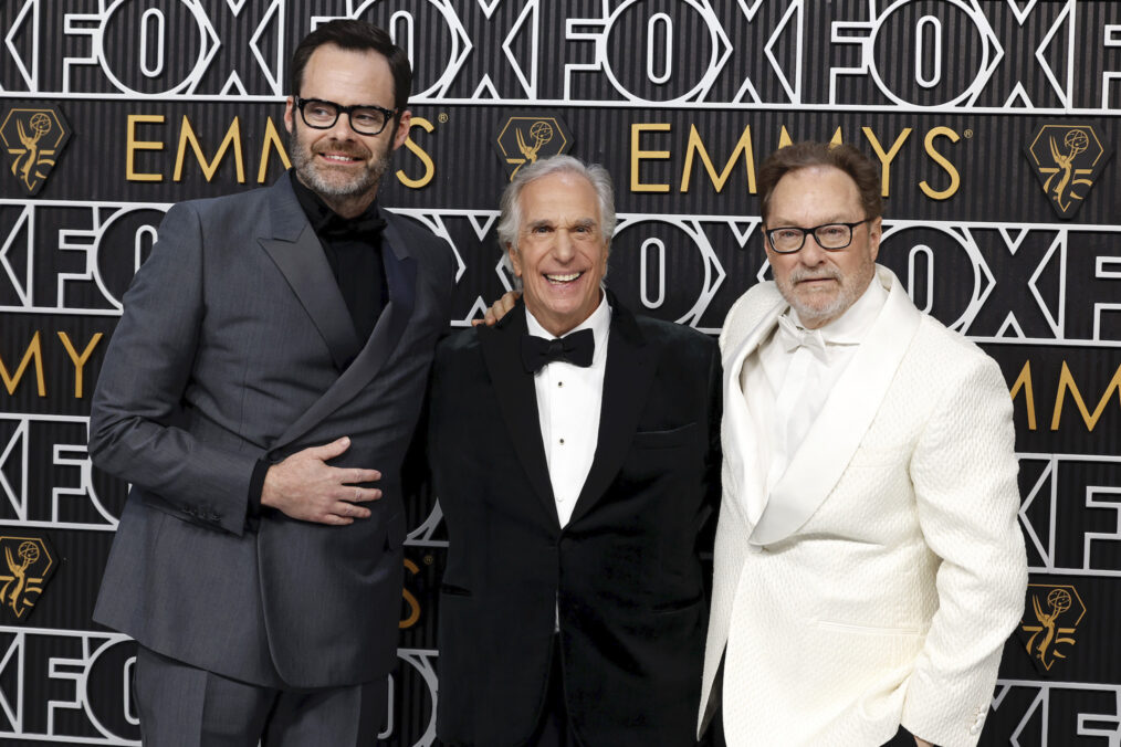 Bill Hader, Henry Winkler, and Stephen Root attend the 75th Primetime Emmy Awards at Peacock Theater on January 15, 2024 in Los Angeles, California.