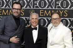 Bill Hader, Henry Winkler, and Stephen Root attend the 75th Primetime Emmy Awards at Peacock Theater on January 15, 2024 in Los Angeles, California.
