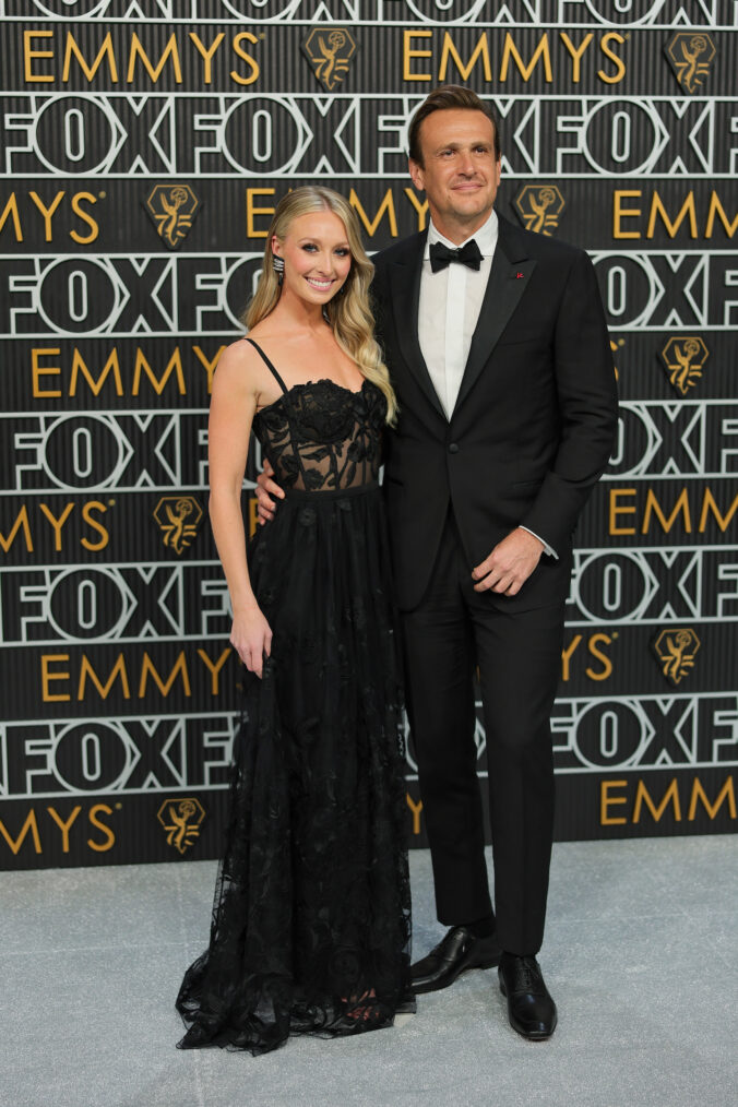 Kayla Radomski and Jason Segel attend the 75th Primetime Emmy Awards at Peacock Theater on January 15, 2024 in Los Angeles, California.