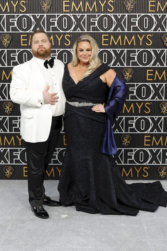 Paul Walter Hauser and Amy Elizabeth Boland attend the 75th Primetime Emmy Awards at Peacock Theater on January 15, 2024 in Los Angeles, California.