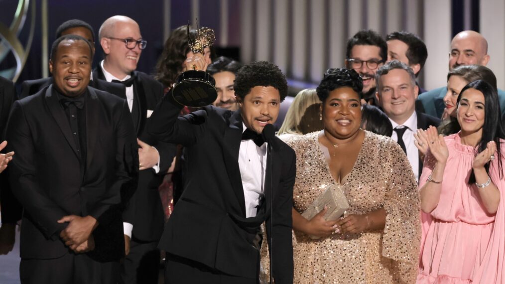 Roy Wood Jr., Trevor Noah, and 'Daily Show' cast and crew accept the Outstanding Variety Series award for 'The Daily Show with Trevor Noah' onstage during the 75th Primetime Emmy Awards