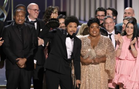 Roy Wood Jr., Trevor Noah, and 'Daily Show' cast and crew accept the Outstanding Variety Series award for 