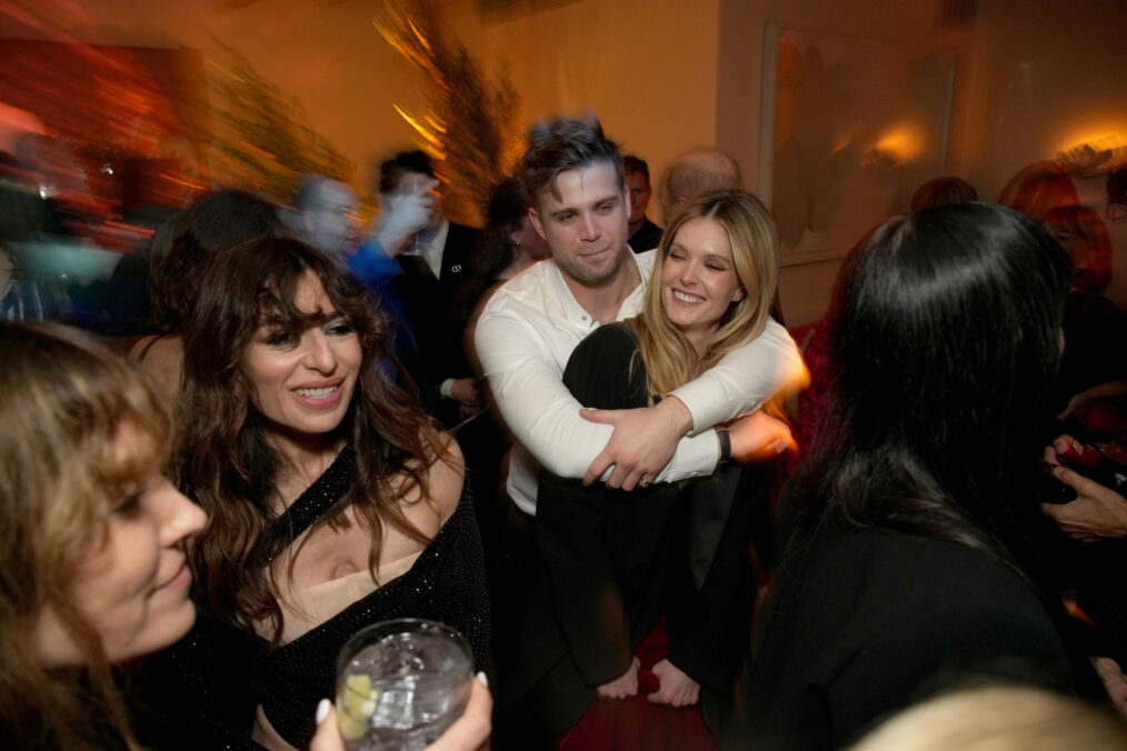 Sabrina Impacciatore (2nd L), Leo Woodall (C) and Meghann Fahy (R) attend the HBO & Max Post Emmys Reception at San Vicente Bungalows on January 15, 2024 in West Hollywood, California.