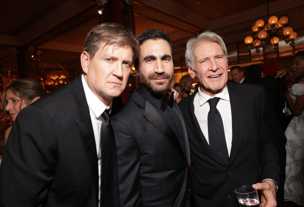 Bill Lawrence, Brett Goldstein and Harrison Ford seen at the Apple TV+ Emmy Awards post ceremony reception at Mother Wolf on January 15, 2024 in Los Angeles, California.