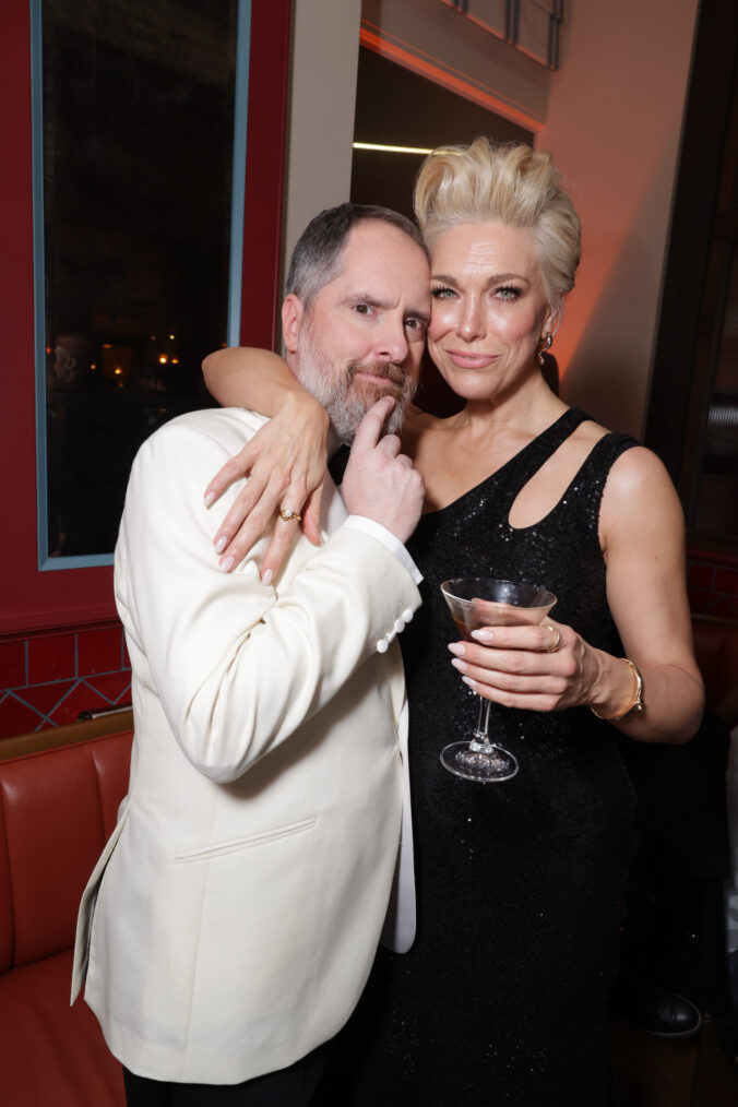 Brendan Hunt (L) and Hannah Waddingham seen at the Apple TV+ Emmy Awards post ceremony reception at Mother Wolf on January 15, 2024 in Los Angeles, California.