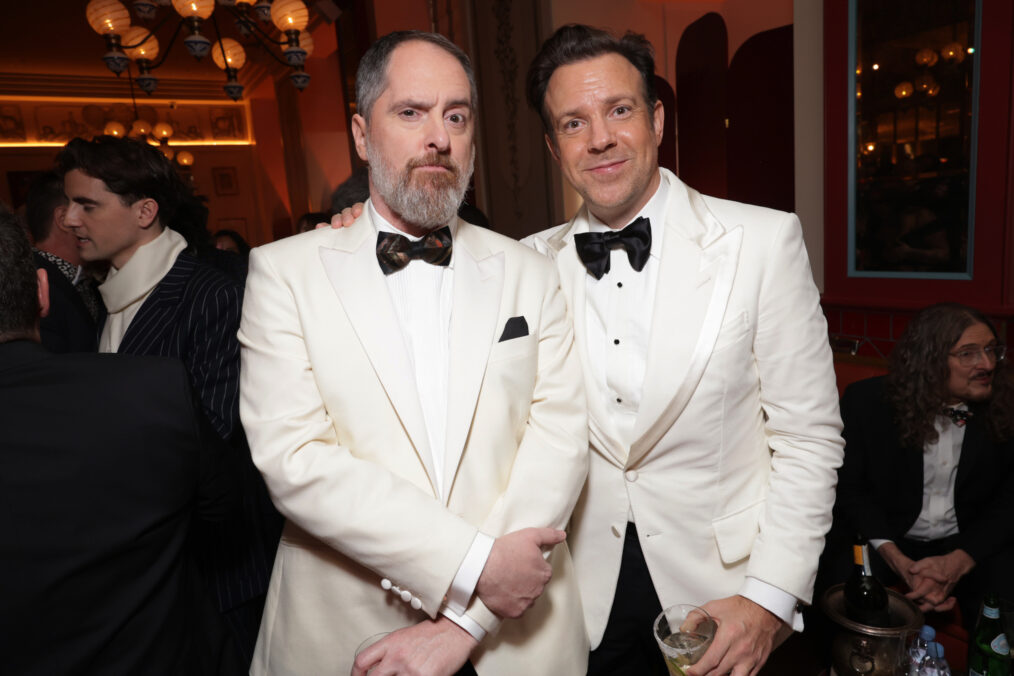 Brendan Hunt (L) and Jason Sudeikis seen at the Apple TV+ Emmy Awards post ceremony reception at Mother Wolf on January 15, 2024 in Los Angeles, California.