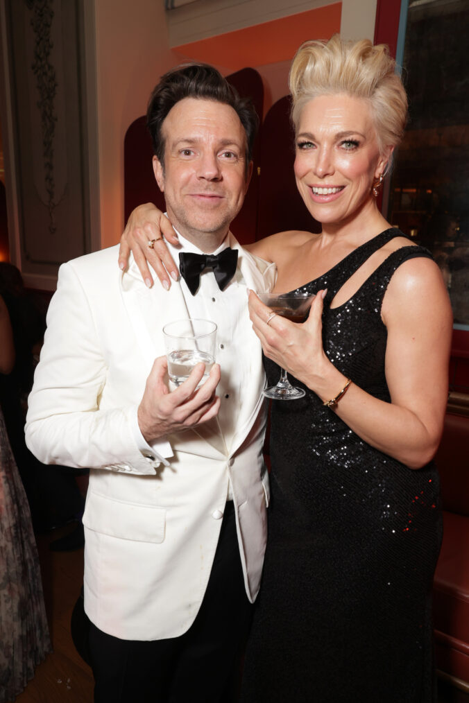 Jason Sudeikis (L) and Hannah Waddingham seen at the Apple TV+ Emmy Awards post ceremony reception at Mother Wolf on January 15, 2024 in Los Angeles, California.