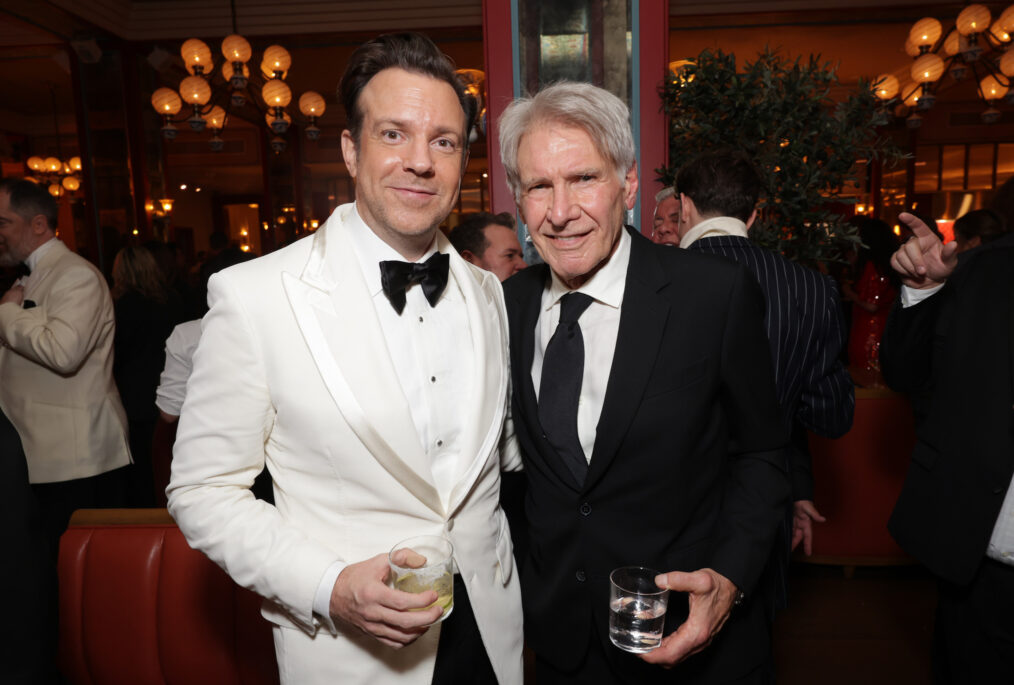 Jason Sudeikis (L) and Harrison Ford seen at the Apple TV+ Emmy Awards post ceremony reception at Mother Wolf on January 15, 2024 in Los Angeles, California.