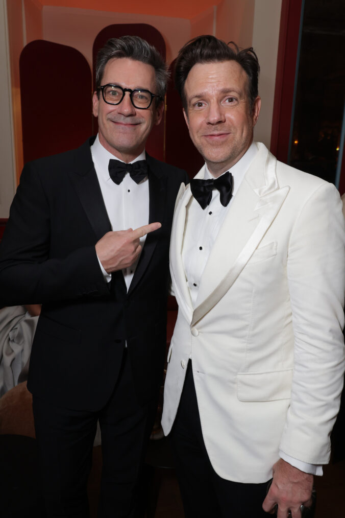 Jon Hamm (L) and Jason Sudeikis seen at the Apple TV+ Emmy Awards post ceremony reception at Mother Wolf on January 15, 2024 in Los Angeles, California.
