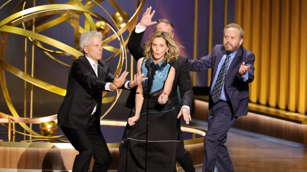 Greg Germann, Calista Flockhart, Gil Bellows and Peter MacNicol of Ally McBeal dance onstage during the 75th Primetime Emmy Awards