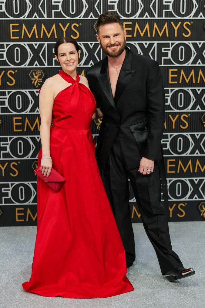 Emily Hampshire and Bobby Berk attends the 75th Primetime Emmy Awards at Peacock Theater on January 15, 2024