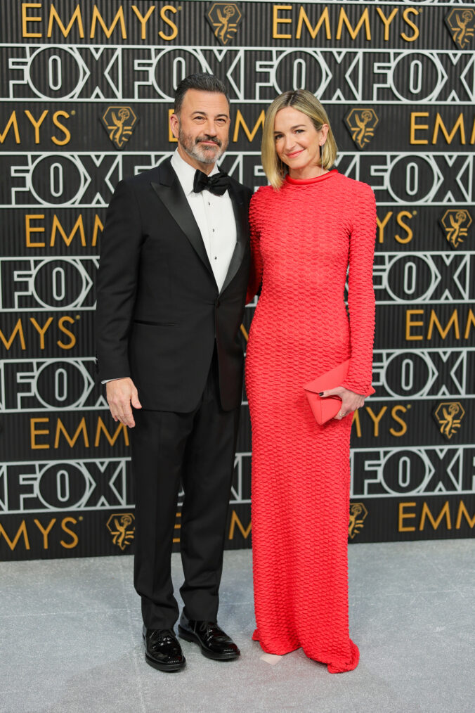 Jimmy Kimmel and Molly McNearney attend the 75th Primetime Emmy Awards at Peacock Theater on January 15, 2024 in Los Angeles, California.