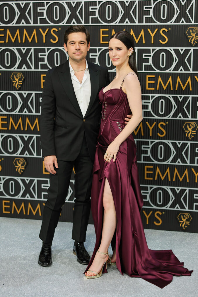 Jason Ralph and Rachel Brosnahan attend the 75th Primetime Emmy Awards at Peacock Theater on January 15, 2024 in Los Angeles, California.