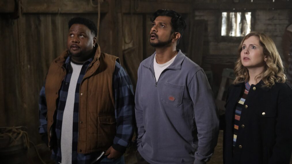 Tristan D. Lalla, Utkarsh Ambudkar, and Rose McIver in 'Ghosts' - Season 3, 'The Owl'