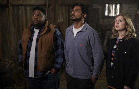 Tristan D. Lalla, Utkarsh Ambudkar, and Rose McIver in 'Ghosts' - Season 3, 'The Owl'
