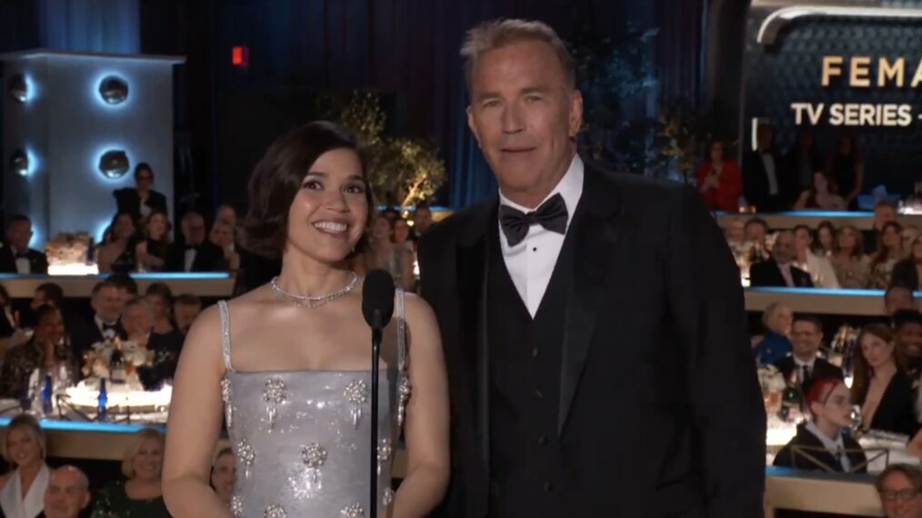 America Ferrera and Kevin Costner present at the 2024 Golden Globe Awards