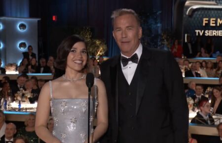 America Ferrera and Kevin Costner present at the 2024 Golden Globe Awards