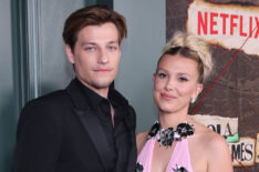 Jake Bongiovi and Millie Bobby Brown attend the Netflix Enola Holmes 2 Premiere