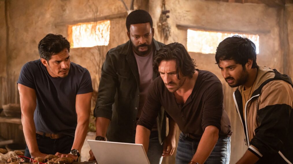 Nicholas Gonzalez as Levi, Chiké Okonkwo as Ty, Eoin Macken as Gavin, and Rohan Mirchandaney as Scott in 'La Brea' Season 3 Premiere