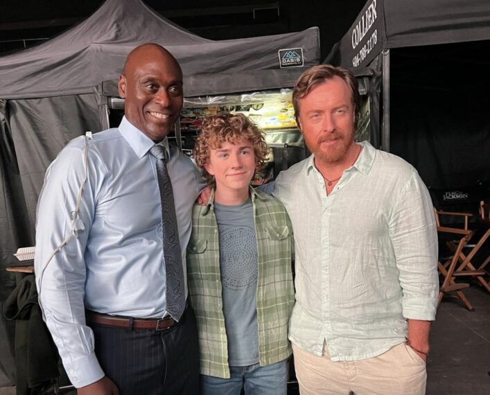 Lance Reddick, Walker Scobell, and Toby Stephens on set of 'Percy Jackson and the Olympians' Season 1