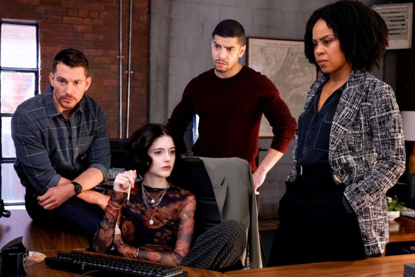 Brent Antonello as Detective Jamie Whelan, Ainsley Seiger as Detective Jet Slootmaekers, Rick Gonzalez as Detective Bobby Reyes, and Danielle Moné Truitt as Sergeant Ayanna Bell in 'Law & Order: Organized Crime' Season 3 Episode 21