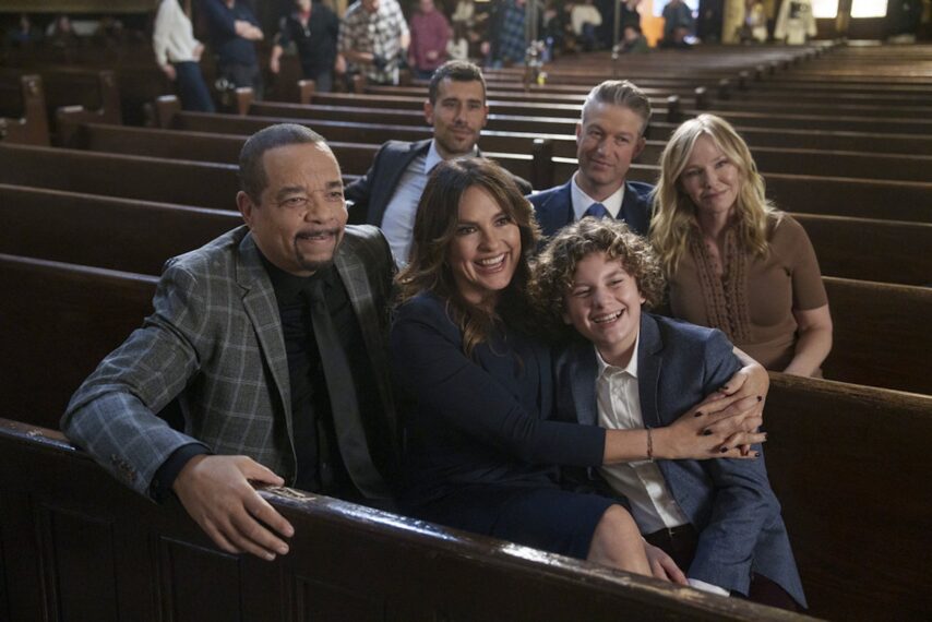 Ice T as Sgt. Odafin "Fin" Tutuola, Octavio Pisano as Det. Joe Velasco, Mariska Hargitay as Captain Olivia Benson, Ryan Buggle as Noah Porter Benson, Peter Scanavino as Dominick "Sonny" Carisi Jr., and Kelli Giddish as Amanda Rollins in the 'Law & Order: SVU' Season 25 Premiere