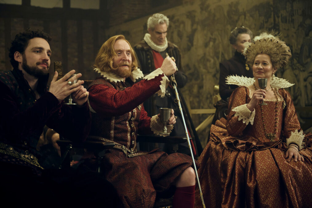 Laurie Davidson as Earl Somerset, Tony Curran as King James, and Trine Dyrholm as Queen Anne in Mary and George