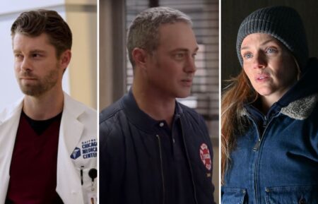 Luke Mitchell as Dr. Mitch Ripley on 'Chicago Med,' Taylor Kinney as Lieutenant Kelly Severide on 'Chicago Fire,' and Tracy Spiridakos as Detective Hailey Upton on 'Chicago P.D.'