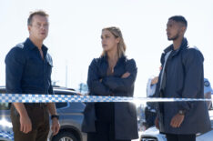 Todd Lasance as AFP Liaison Officer Sergeant Jim  'JD' Dempsey, Tuuli Narkle as AFP Liaison Officer Constable Evie Cooper and Sean Sagar as Special Agent DeShawn Jackson in the 'NCIS: Sydney' Season 1 Finale