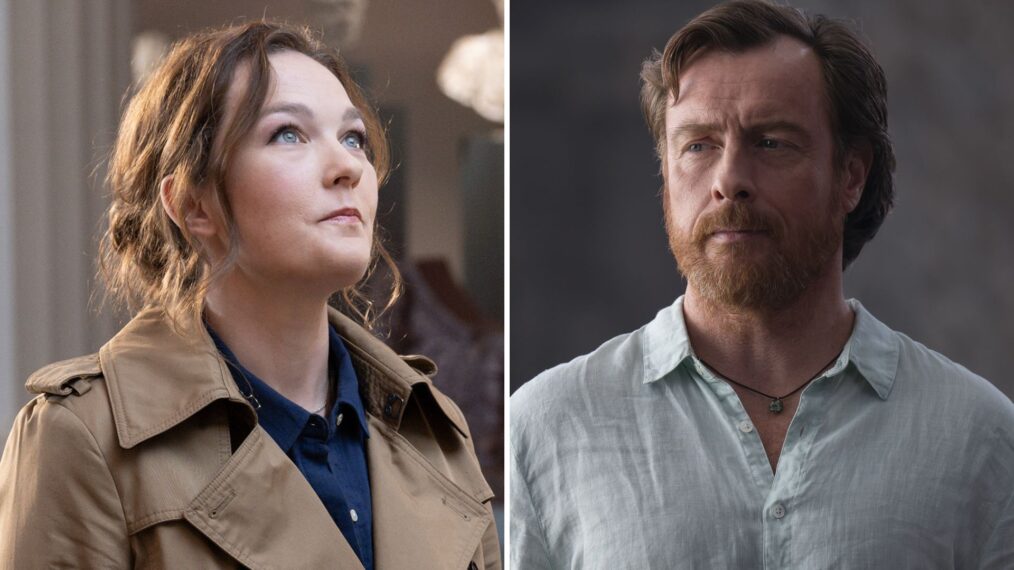 Virginia Kull as Sally Jackson (L), Toby Stephens as Poseidon (R) in 'Percy Jackson and the Olympians' on Disney+