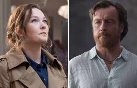 Virginia Kull as Sally Jackson (L), Toby Stephens as Poseidon (R) in 'Percy Jackson and the Olympians' on Disney+