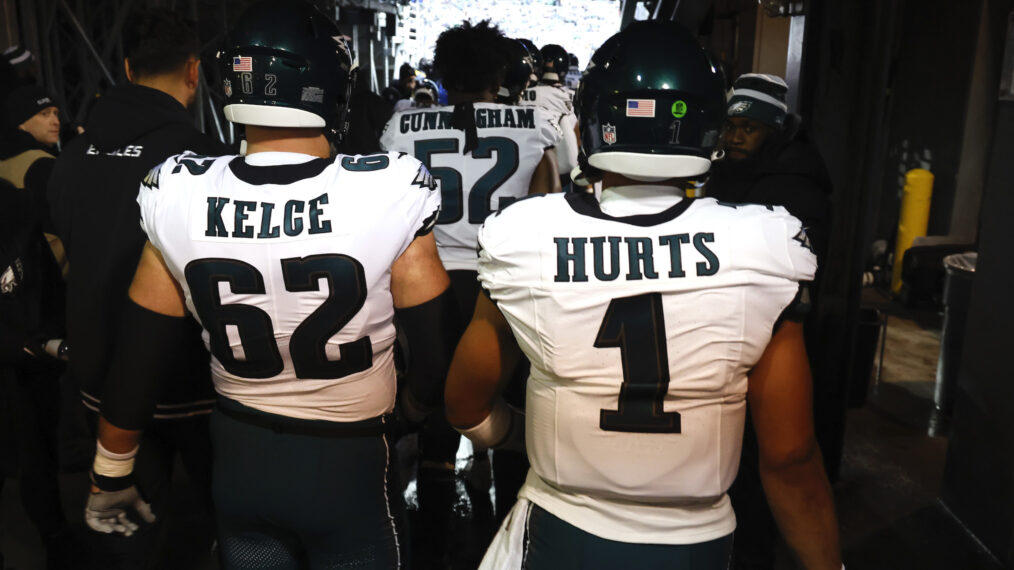 Jalen Hurts #1 and Jason Kelce #62 of the Philadelphia Eagles enter the game against the New York Giants during their game at MetLife Stadium on January 07, 2024 in East Rutherford, New Jersey.