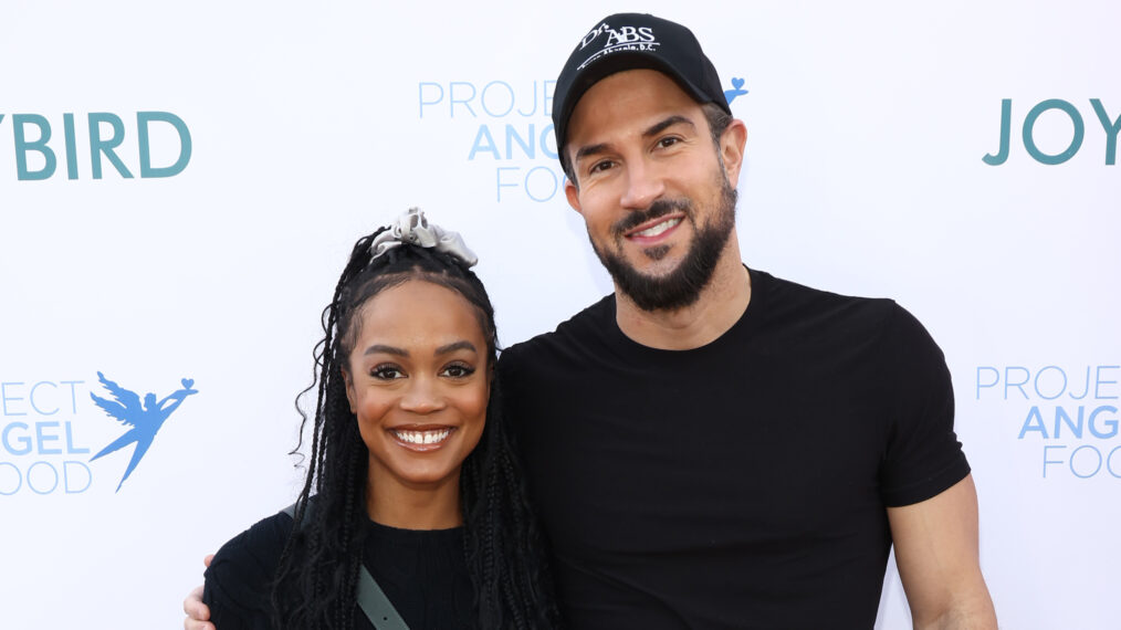 Rachel Lindsay and Bryan Abasolo attend Thanksgiving at Project Angel Food on November 23, 2023 in Los Angeles, California.