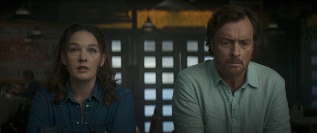 Virginia Kull and Toby Stephens as Sally Jackson and Poseidon in 'Percy Jackson and the Olympians' Episode 7