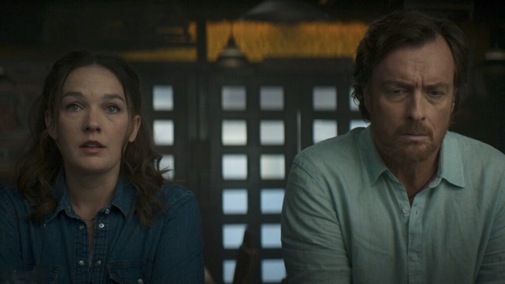 Virginia Kull and Toby Stephens as Sally Jackson and Poseidon in 'Percy Jackson and the Olympians' Episode 7