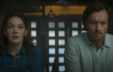 Virginia Kull and Toby Stephens as Sally Jackson and Poseidon in 'Percy Jackson and the Olympians' Episode 7