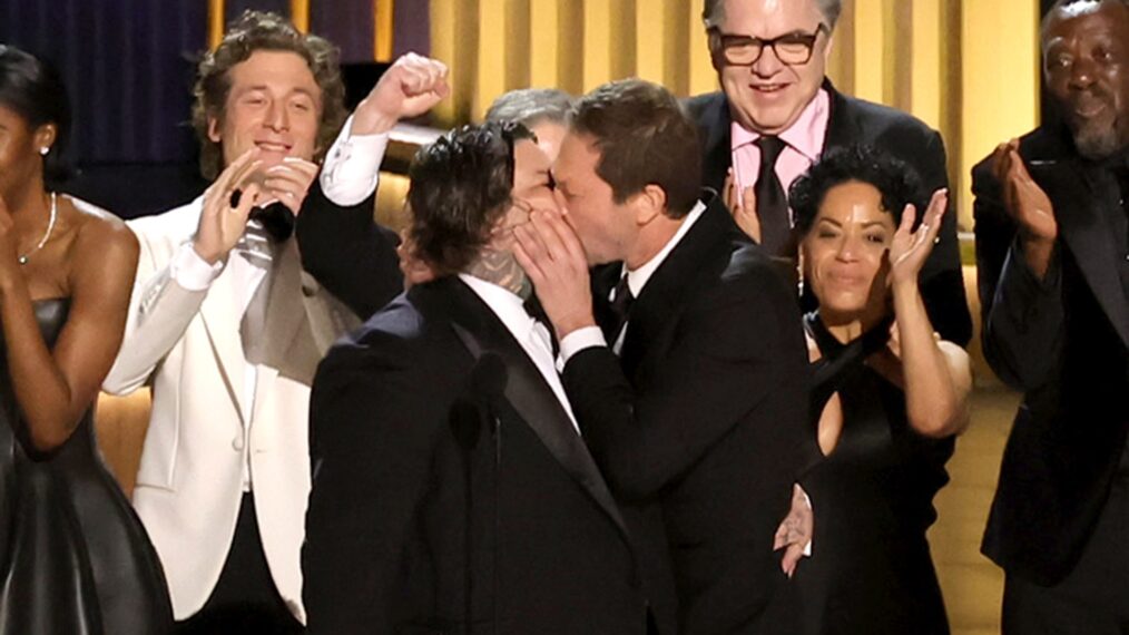 Ebon Moss-Bachrach kisses Matty Matheson upon 'The Bear' winning Outstanding Comedy Series at the 75th Emmys