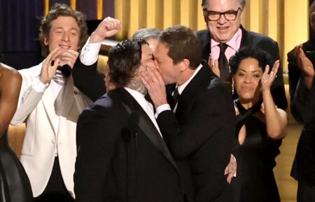 Ebon Moss-Bachrach kisses Matty Matheson upon 'The Bear' winning Outstanding Comedy Series at the 75th Emmys