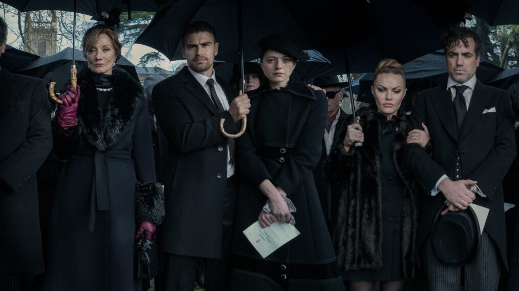 Joely Richardson as Lady Sabrina, Theo James as Eddie Horniman, Jasmine Blackborow as Charly Horniman, Chanel Cresswell as Tammy Horniman, and Daniel Ings as Freddy Horniman in 'The Gentleman'