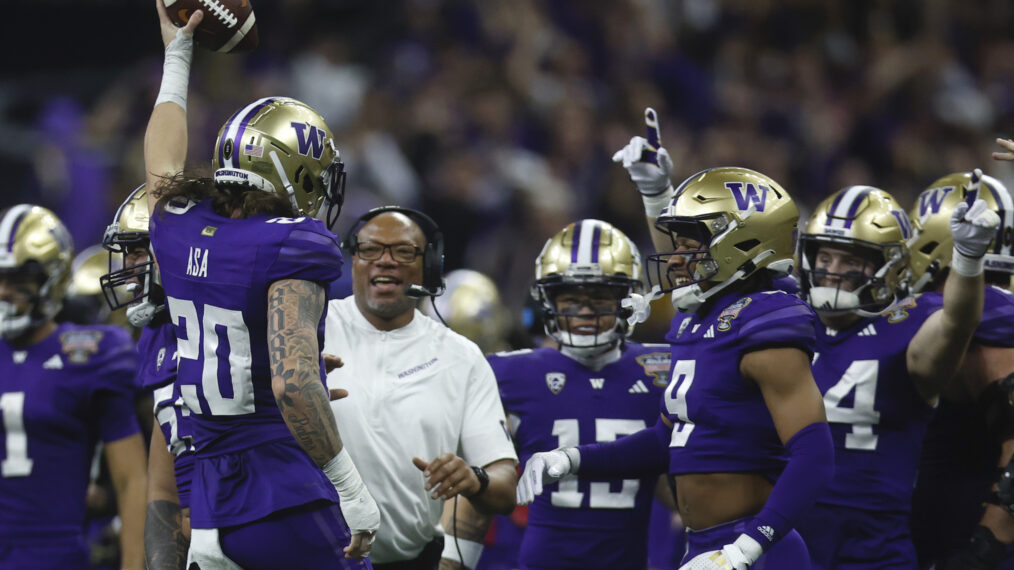 Asa Turner #20 of the Washington Huskies reacts after recovering a fumble during the third quarter against the Texas Longhorns during the CFP Semifinal Allstate Sugar Bowl at Caesars Superdome on January 01, 2024 in New Orleans, Louisiana.