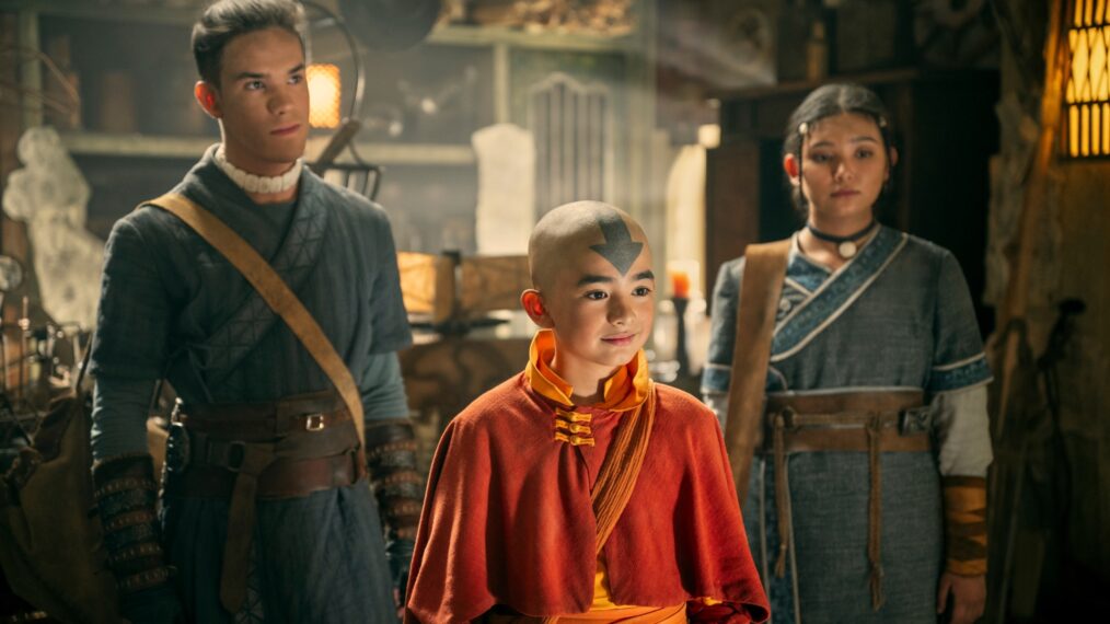 Ian Ousley as Sokka, Gordon Cormier as Aang, and Kiawentiio as Katara in Avatar: The Last Airbender