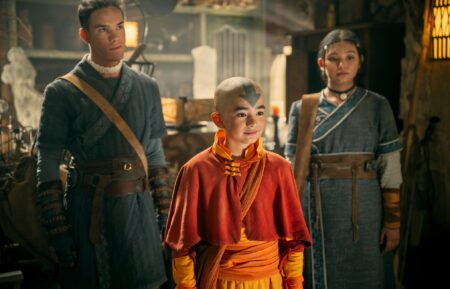 Ian Ousley as Sokka, Gordon Cormier as Aang, and Kiawentiio as Katara in Avatar: The Last Airbender