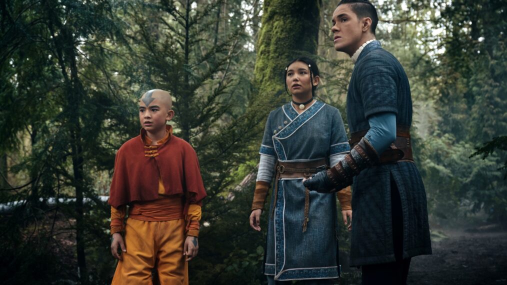 Gordon Cormier as Aang, Kiawentiio as Katara, and Ian Ousley as Sokka in Avatar: The Last Airbender