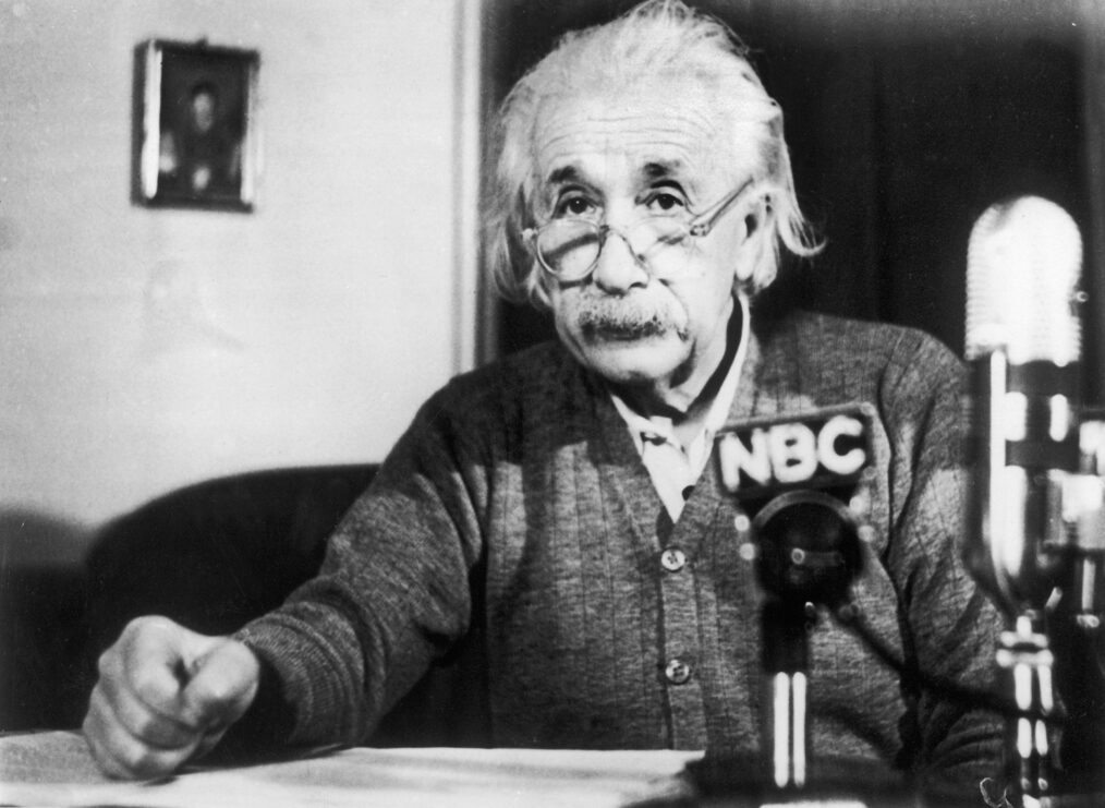 Albert Einstein giving an anti-H bomb speech for the National Broadcasting Company on February 15, 1950, at Princeton University.