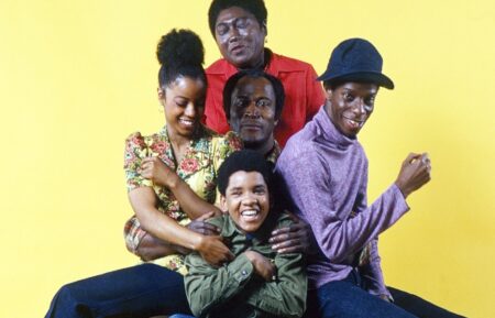 Bern Nadette Stanis, Esther Rolle, John Amos, Ralph Carter, and Jimmie Walker in Good Times, 1974.