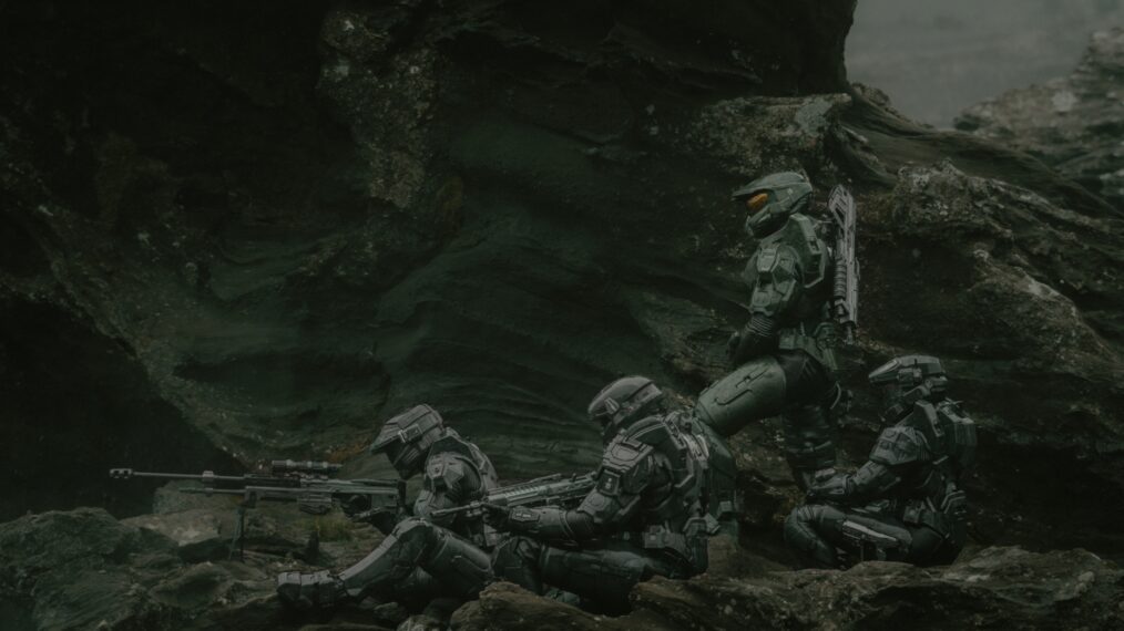 L-R Kate Kennedy as Kai, Bentley Kalu as Vannak, Pablo Schreiber as Master Chief and Natasha Culzac as Riz in Halo episode 1, season 2 streaming on Paramount+, 2024. Photo Credit: Adrienn Szabo/Paramount+