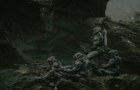 L-R Kate Kennedy as Kai, Bentley Kalu as Vannak, Pablo Schreiber as Master Chief and Natasha Culzac as Riz in Halo episode 1, season 2 streaming on Paramount+, 2024. Photo Credit: Adrienn Szabo/Paramount+