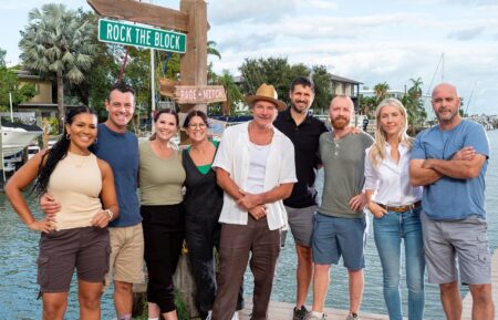 Page Turner, Mitch Glew, Leslie Davis, Lyndsay Lamb, Ty Pennington, Evan Thomas, Keith Bynum, Sarah Baeumler, and Bryan Baeumler of Rock the Block